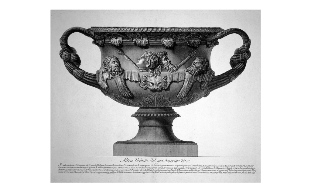 A marble vase ("The Warwick vase"). Etching by Piranesi, circa 1770.