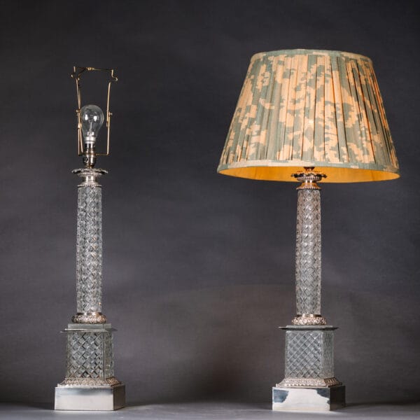 Pair of Empire Style Cut-Glass and Silvered-Brass Lamps