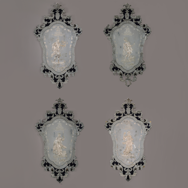 A Set of Four Venetian Etched Clear and Blue Glass Girandole Wall Mirrors