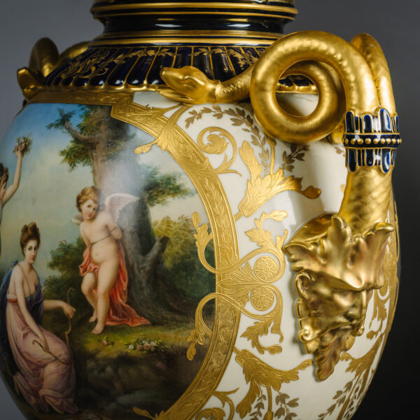 A Fine Vienna Style Porcelain Vase and Cover by Fischer & Mieg, Pirkenhammer, with Painted Reserves of ‘Venus presenting Helen to Paris' and 'Cupid bound to a Tree' After Angelica Kauffman, by Fischer & Mieg, Pirkenhammer