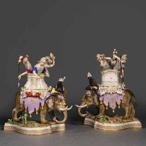 A Pair Of Meissen Porcelain Groups of Kriegselefant (Armoured War Elephants).