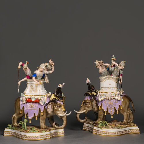 A Pair Of Meissen Porcelain Groups of Kriegselefant (Armoured War Elephants)