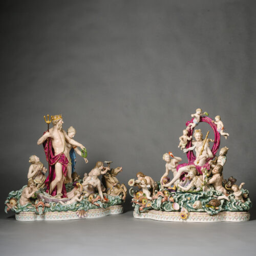 A Pair Of Meissen Porcelain Mythological Figural groups, of 'Neptune and Thetis' and 'The Triumphal Procession of Amphitrite.