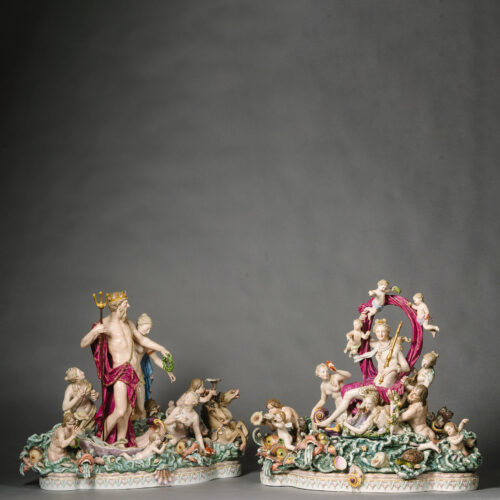 A Pair Of Meissen Porcelain Mythological Figural groups, of 'Neptune and Thetis' and 'The Triumphal Procession of Amphitrite'.